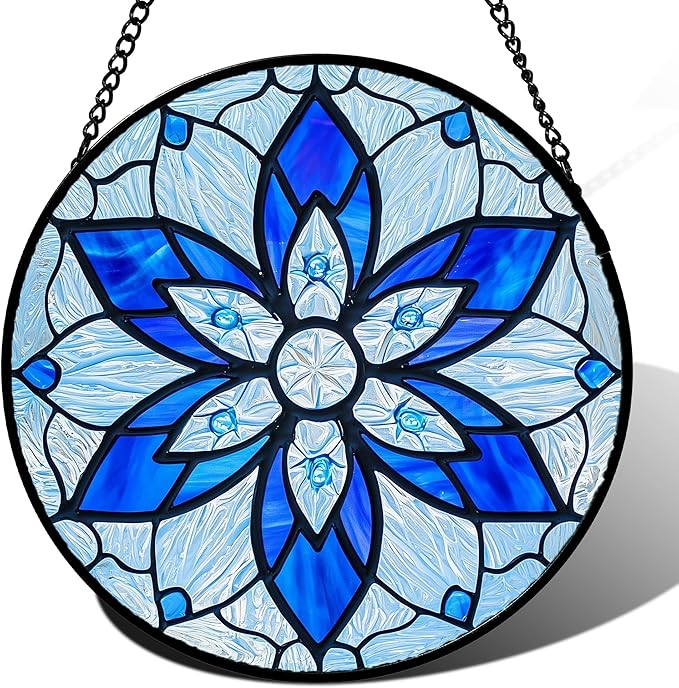 Stained Glass Window Hanging, Blue Tiffany Style Flowers Sun Catcher for Window Door Home Decor Suncatcher Christmas Mother's Day Birthday Gifts for Women Men Mom and Nana 15 in