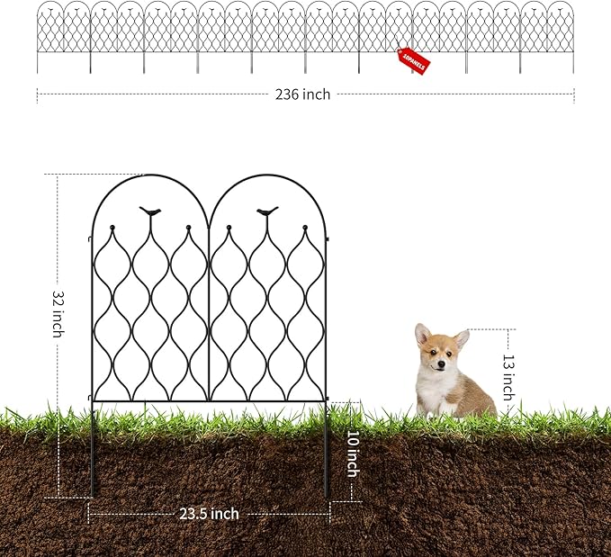 Decorative Metal Garden Fence 32 in (H) x 236 in (L), Dog Fence Outdoor for Yard, No Dig Rust-Resistant Pet Fence Panels, Easy Install Animal Barrier for Patio, Lawn & Flower Beds, (10)