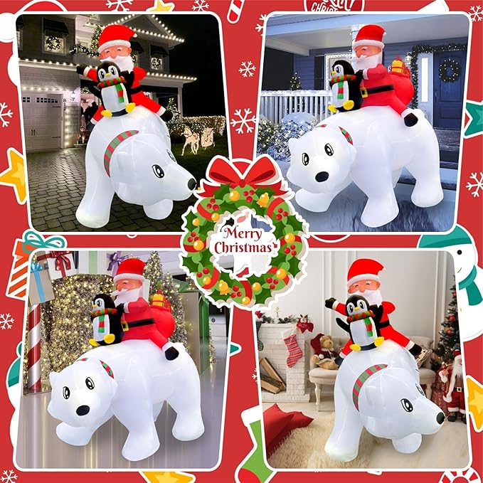 6FT Christmas Inflatable Santa Riding Polar Bear with Penguin Decorations, LED Light Up & Built-in Speaker, Blow Up Outdoor Indoor Xmas Yard Decor for Lawn Garden Party Holiday Season