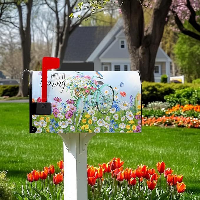 Hello Spring Mailbox Cover - Daisy Mailbox Covers Magnetic Standard Size 21x18 in - Beautiful Floral Bicycle - for Outside Garden Decoration