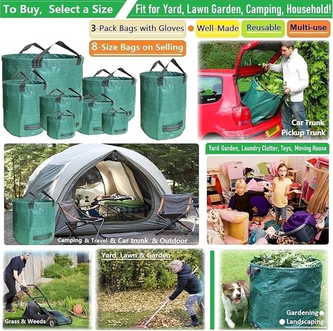 Standard 3-Pack 16 Gallons Yard Garden Bags (D18,H15 inch) W/Gardening Gloves, Reusable Leaf Bags,Grass Clippings,Lawn Debris Bag,Laundry Container,Patio Trash Bin,Weeds Bag,Yard Waste Bags 4 handles