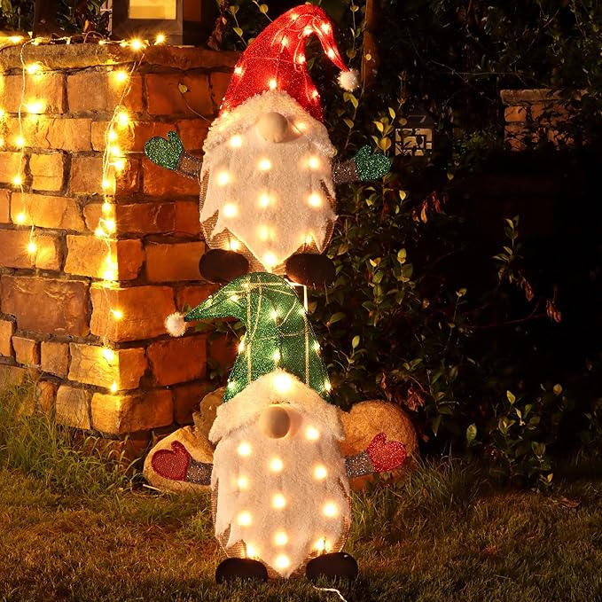WATERGLIDE Set of 2 Lighted Christmas Tinsel Gnomes Decorations, 24 Inch Pre-Lit Light Up 2D Stacked Gnome with Incandescent Lights, Indoor Outdoor Festive Xmas Holiday Garden Yard Lawn Decor