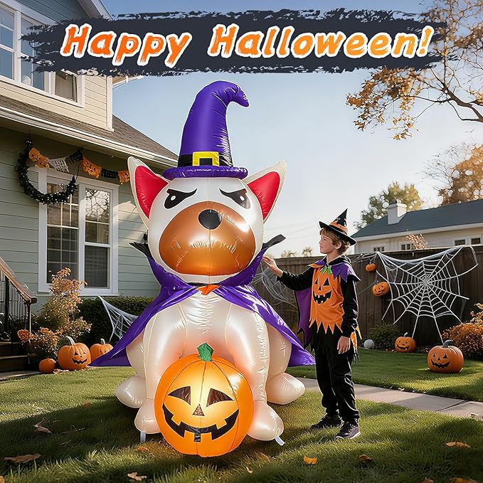 5.0Ft Halloween Inflatables Dog Decorations: Outdoor Vivid Lab Dog with Build-in Bright LED Blow Up Yard Decoration with Witch Hat Halloween Decor for Holiday Party Indoor Garden Lawn Home