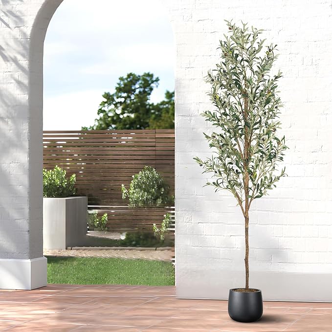 Artificial Fake Olive Tree 7FT Tall 1Pack Faux Silk Olive Tree for Home Living Room Office Decor Faux Artificial Plants Indoor Fake Potted Plants with Fruit & Free Moss