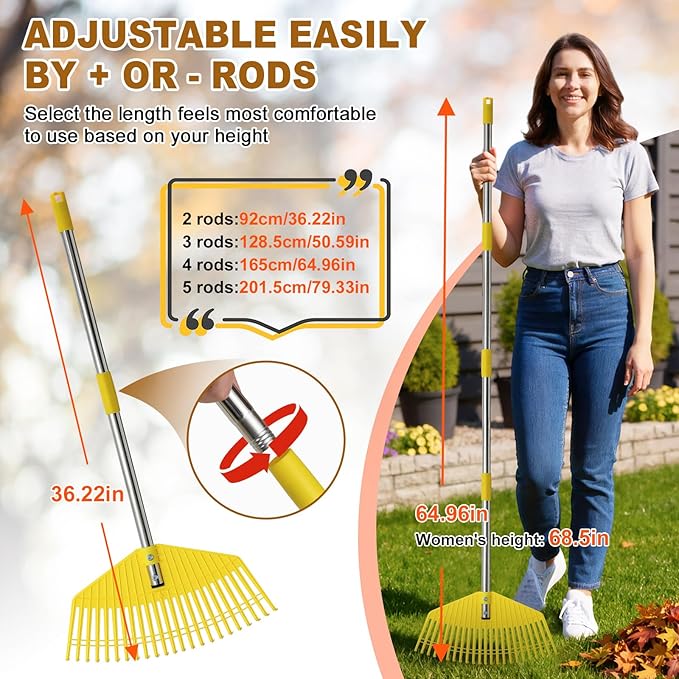 Garden Rake for Leaves - Extra Wide 17" Leaf Rake,Lightweight Long Handle for Women Seniors Kids Effortless Clean-Up,23 Non-Clog Flexible Tines for Lawn-Friendly,65” Adjustable Plastic Rakes for Yard