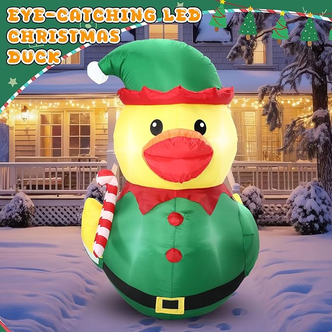 Leyndo 5FT Christmas Inflatables Decoration Outdoor Giant Christmas Elf Duck Inflatables Blow Up Duck with Build-in LEDs Lights for Xmas Party Mall Garden Patio Yard Lawn Indoor Outside Decor
