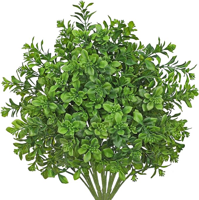 Artificial 5Pcs Faux Seeded Eucalyptus Leaves Stems Fake Plants Sharp UV Resistant Faux Plastic Boxwood for Kitchen Office Garden Porch Farmhouse Window Box Home Decor