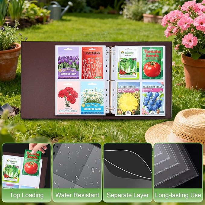 A4 3 Ring Binder Garden Seeds Storage Album with 30 Pcs 3.5x5” Seed Packet Sleeves, PU Leather Hardcover Organization Book for Seed Packet，Photo, Index Card，240 Top Loading Pockets Capacity