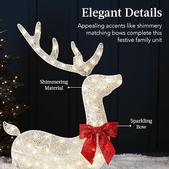 Best Choice Products 4ft 3-Piece 2D Lighted Christmas Deer Family Set, Large Outdoor Yard Reindeer Holiday Decoration with 175 LED Lights, Stakes, Zip Ties - White