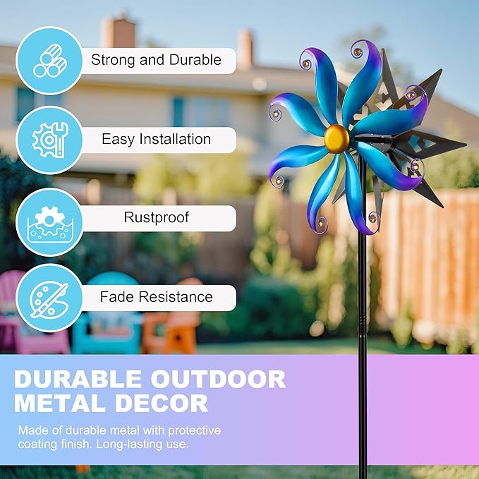 Wind Spinners Outdoor Garden Decor - 60" Sun Wind Sculptures & Spinners, Dual Sided Metal Yard Art Kinetic Windmill for Yard Patio Lawn Decor, Gardening Gifts for Women