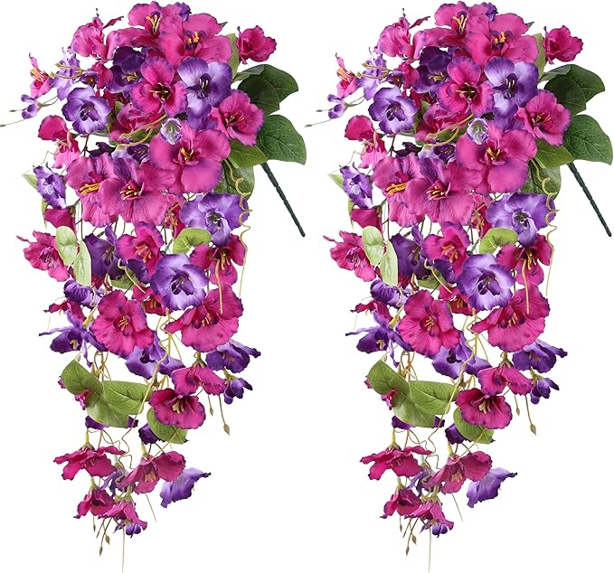 Artificial Hibiscus Fake Hanging Flowers Plants for Outdoors Spring Decoration, 2pcs Faux Silk Outside Hibiscus Long Trailing Vines Realistic UV Resistant for Front Door Planter Porch Patio Wedding