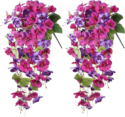 Artificial Hibiscus Fake Hanging Flowers Plants for Outdoors Spring Decoration, 2pcs Faux Silk Outside Hibiscus Long Trailing Vines Realistic UV Resistant for Front Door Planter Porch Patio Wedding