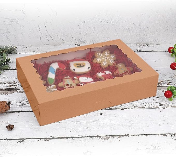 20-Pack Bakery Boxes with Window, 12" x 8" x 2.5" Cookie Boxes, Treat Boxes, Large Donut Boxes for Muffins and Pastries (Brown)