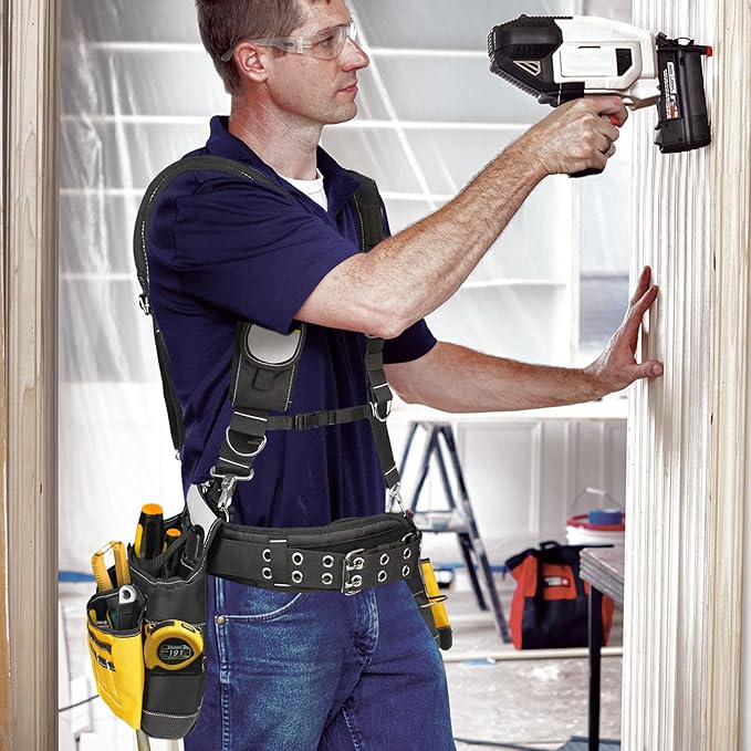 Tool Belt with Suspenders for Men, Heavy Duty Construction Tool Belt with 32 Pockets, 1680D Ballistic Material, Reflective Strips for Safety, HVAC Toolbelt for Men