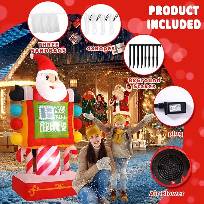 7FT Santa Claus Countdown Sign with Built-in LED Lights, Suitable for Christmas Lawns, Gardens, and Courtyards Outdoor Inflatable Decorations