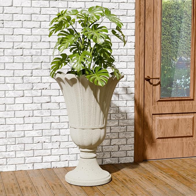 23.6" Tall Plastic Urn Planters for Outdoor Plants, Set of 2 Heavy-Duty Classic Indoor Large Flower Pots with Drainage Holes & Petal Design, Outdoor Planters for Porch, Home Garden, White