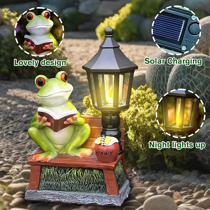 Frog Garden Statue Home Outdoor Decor - Solar Frogs Learning Sculptures Auto LED Waterproof Lights, Garden Outside Figurine Ornament, Women/Gardening/Housewarming Gift for Yard/Pond