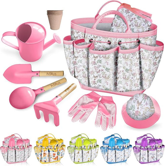 Kids Gardening Tool Set 18PCS Kids Toddler Gardening Set Includes Tote Bag Watering Can Apron Hat Rake Shovel Spoon Gloves Plant Pots and Labels, Outdoor Toys Gift for Boys Girls (Pink)