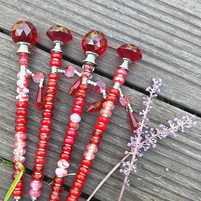 Exway 100 PCS DIY Fairy Wand Beaded Garden Stake Beads Kits with Red Large Hole Beads 4 Crystal Stopper Top Threaded Rods and 4 Red Sparkling Crystal Pendants for Outdoor Indoor Decor