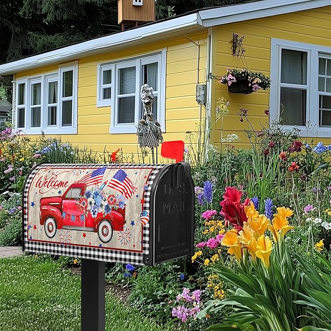 Welcome Red Truck Mailbox Cover 4th of July Mailbox Covers Magnetic Patriotic Post Letter Box Wrap Standard Size 21x18 in for Outdoor Garden Mail Box Decor Floral Buffalo Plaid