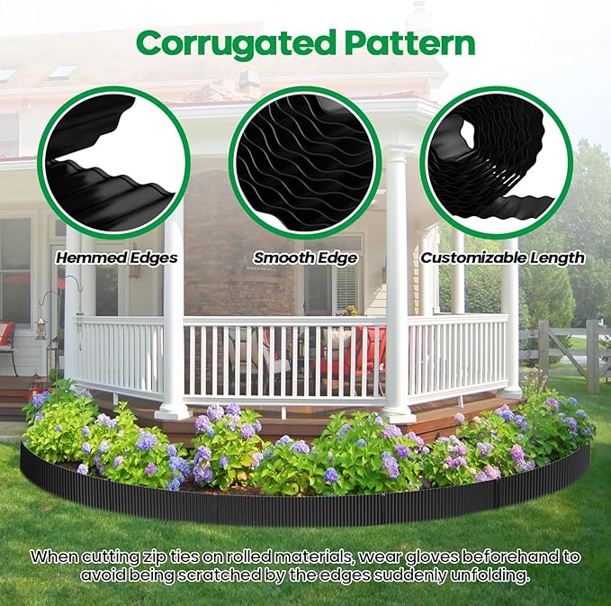 Corrugated Metal Garden Edging,Sturdy Tall Landscape Edging Borders with 6pcs Anchor Stakes, Perfect DIY for Flower Beds, Lawn and Pathway,Tree Surrounds,Paver Edges (Black 10"×20FT)