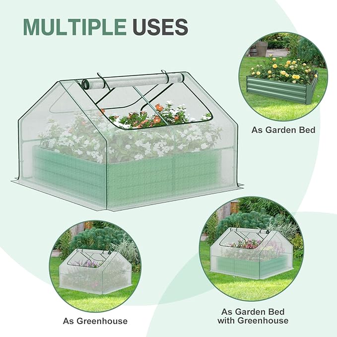 Aoodor 4 x 4 x 1 ft Galvanized Raised Garden Bed, Mini Greenhouse Kit with 2 Roll-up Zipper Doors for Vegetables, Flowers, and Herbs, White