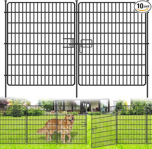 10 Panels No Dig Fence with Gate, 32 in(H) X 24 ft(L) Garden Decorative Fence Animal Barrier for Dogs, Rustproof Metal Garden Edging Border for Outdoor, Yard, Patio, Black