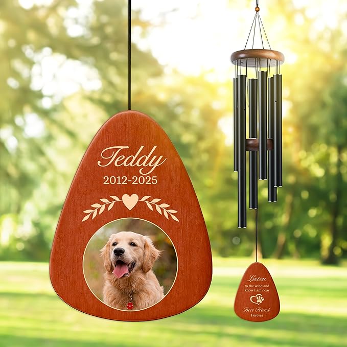 Personalized Pet Memorial Wind Chime with Photo - 37" Custom Pet Loss Gift with Name, Date & Quote - Drop Shape Wooden Pendant & Stainless Steel Tubes, Outdoor/Indoor Remembrance Wind Chime, Black D3