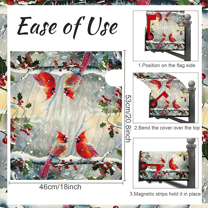 Cardinal Red Birds Mailbox Covers Magnetic, Winter Snow Mailbox Covers Standard Size 18"X21", Christmas Post Letter Box Cover Yard Outdoor Garden Decor