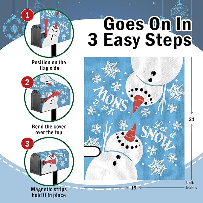 Winter Snowman Blue Mailbox Cover Magnetic Standard Size 20.5" x 18", Let It Snow Snowflake Decorative Post Letter Box Wrap Decor, Christmas Seasonal Garden Yard Outdoor Decoration