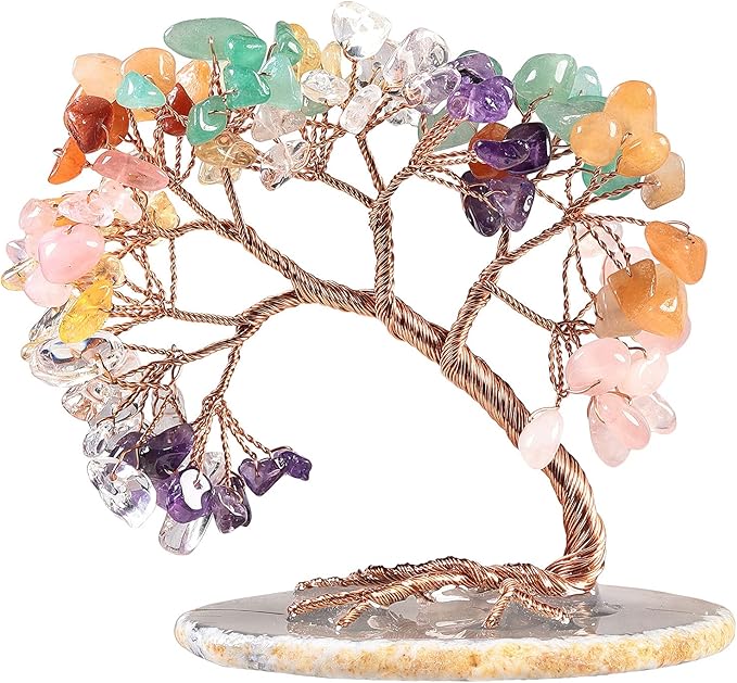 mookaitedecor Colorful Crystal Money Tree Agate Slice Base Feng Shui Bonsai Crystal Tree for Wealth Luck Desk Decor, 3-4 Inch High