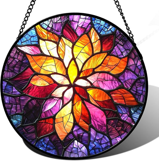 Stained Glass Window Hanging, Fuchsia Abstract Flowers Suncatcher for Window Home Decor Orange Sun Catcher Mother's Day Birthday Gifts for Women Men Mom Nana 11.8 in