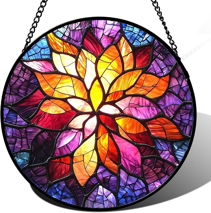 Stained Glass Window Hanging, Fuchsia Abstract Flowers Suncatcher for Window Home Decor Orange Sun Catcher Mother's Day Birthday Gifts for Women Men Mom Nana 6.3 in