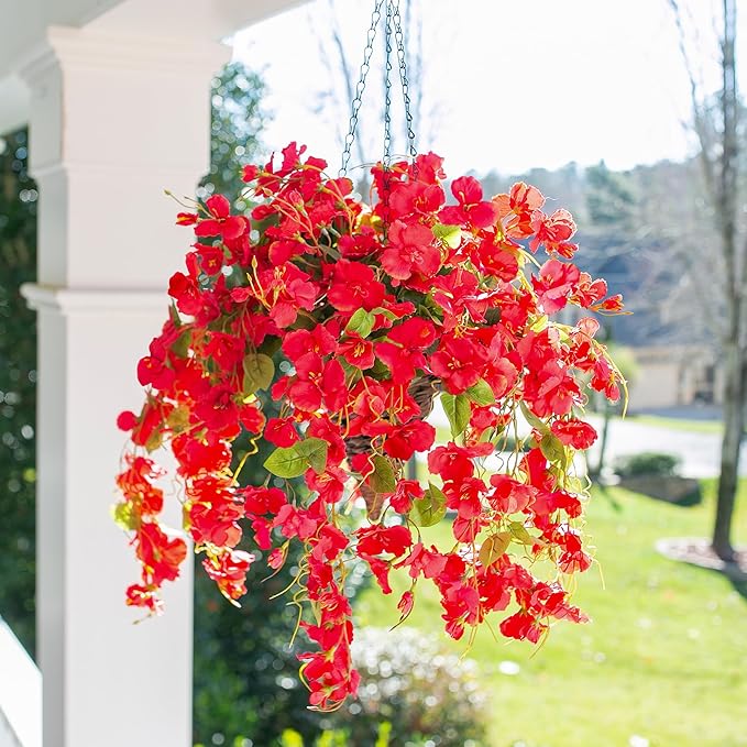 Artificial Hibiscus Fake Hanging Flowers Plants for Outdoors Spring Summer Decoration, 2pcs Red Silk Hibiscus Long Trailing Vines UV Resistant Realistic Faux Flower for Outside Front Door Porch Patio