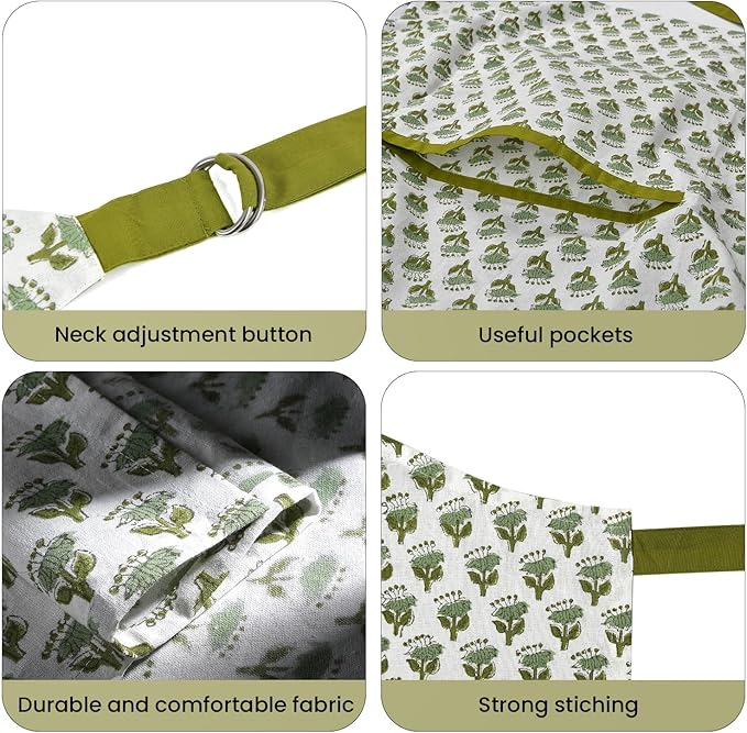 CPC Cotton Floral Kitchen Apron for women with Pocket and Adjustable Neck Ties. Apron for Women Men Chef-Hand Block Printed