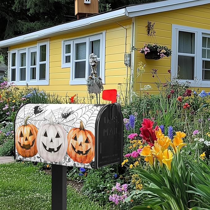 Halloween Pumpkin Mailbox Covers Bat Spider Web Mail Box Cover Magnetic Standard Size 21x18 inch Fall Autumn Post Letter Box Cover Outdoor Decor for Garden Eucalyptus Leaf