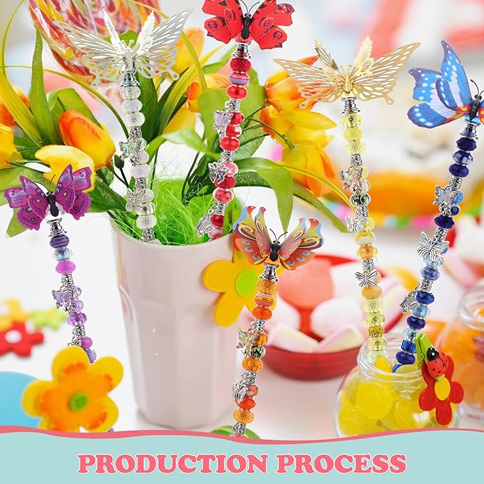 Beaded Garden Stake, DIY Fairy Wand Beaded Decorative Butterfly Garden Stake Kit with 12IN Threaded Rod Crystal Stopper Top Large Holes Beads Butterfly Decoration Pendants Outdoor Fairy Garden kit