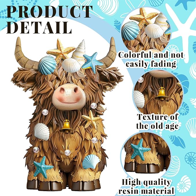 2 Pcs Coastal Christmas Highland Cow Decor Beach Ocean Themed Christmas Highland Cow Figurines Resin Starfish Seashellstatue Calf Lovers Gifts for Home Garden Kitchen Office Tiered Tray Table Decor