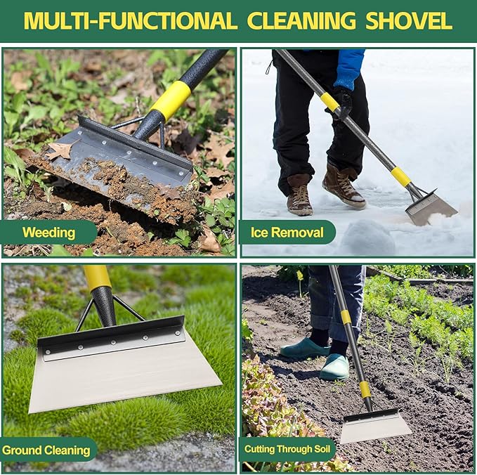 Garden Cleaning Shovel, 63" Adjustable Floor Ice Scraper Long Handle Heavy Duty Tool, Multifunctional Flat Snow Shovel Gardening Tools for Digging, Weeding,Scraping