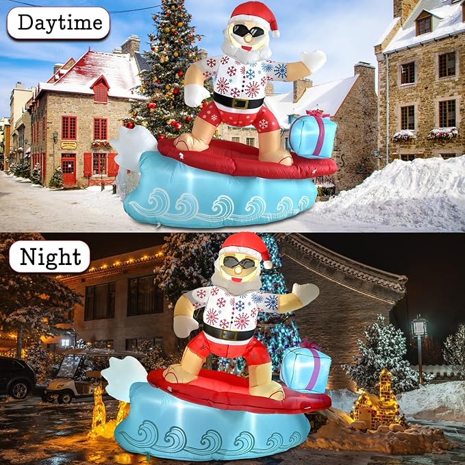 5.6FT Christmas Inflatables Surfing Santa Claus Outdoor Hawaiian Decorations, Christmas Blow Up Yard Decorations with Built-in LED Lights for Indoor Outdoor Holiday Party Garden Patio Yard Lawn Decor