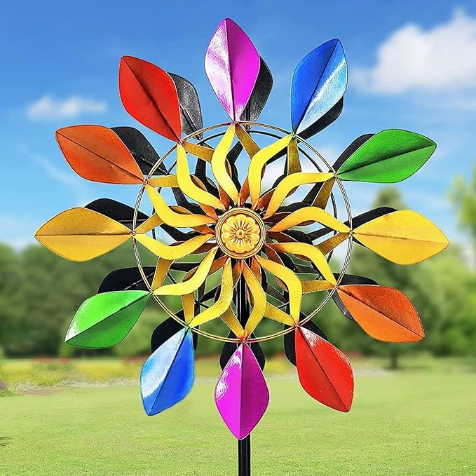DIBIEECN 78 Inch Big Kinetic Wind Spinners with Garden Stake, Rainbow Metal Windmill Decorations, Outdoor Wind Sculpture, Dual Direction Colorful Wind Catcher for Yard Art, Lawn, Garden Decor, Gifts