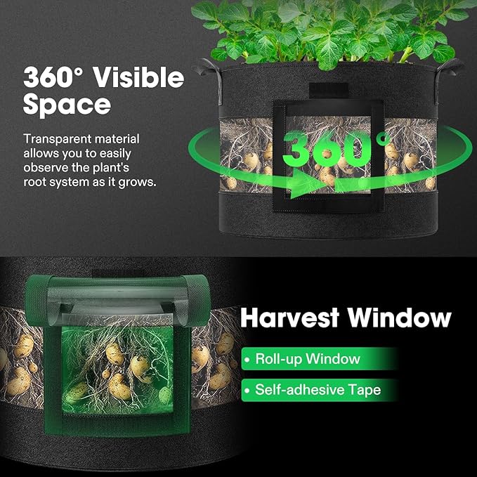 VIVOSUN 5-Pack 7 Gallon Visible Potato Grow Bags, Thick Fabric Potato Pots with 360° Visibility & Harvest Window, Potato Growing Containers Potato Planter Potato Planter for Growing Potatoes, Black