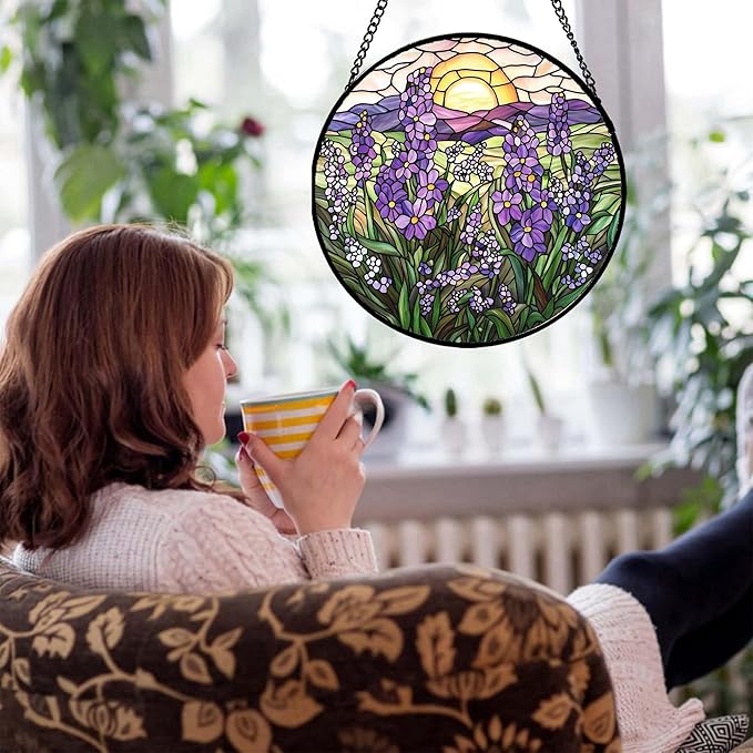 Stained Glass Window Hanging - Purple Lavender Suncatcher for Door Terrace Garden Home Decor Plant Flowers Landscape Sun Catcher Birthday Gifts for Lovers Women Men Dad Mom Nana 7.8 in