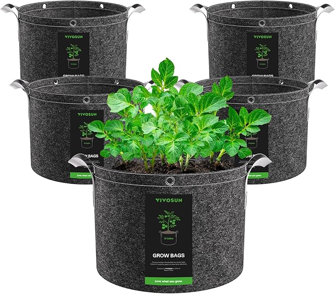 VIVOSUN 5-Pack 10 Gallon Grow Bags, 500G Thick Nonwoven Fabric Pots with Strap Handles, Multi-Purpose Rings, for Low Stress Plant Training Fruits, Vegetables, and Flowers