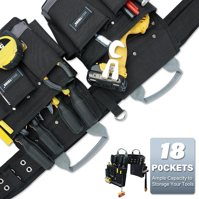 MELOTOUGH Electrician Tool Belt Set, Padded Work Rig with detachable Tool Pouches and Utility Apron, Combo Harness with Carry Handles for Carpenter Construction