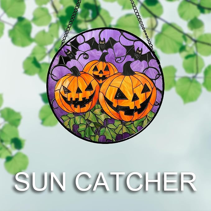 Stained Glass Window Hanging Halloween Scary 3 Bat and Pumpkin Monsters 6.3" - Suncatcher Door Garden Sun Catcher Gothic Home Decor Birthday Horror Gifts for Mom Men Woman Friend