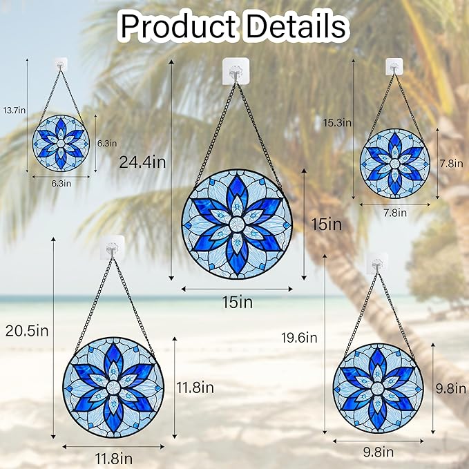 Stained Glass Window Hanging, Blue Tiffany Style Flowers Sun Catcher for Window Door Home Decor Suncatcher Christmas Mother's Day Birthday Gifts for Women Men Mom and Nana 6.3 in