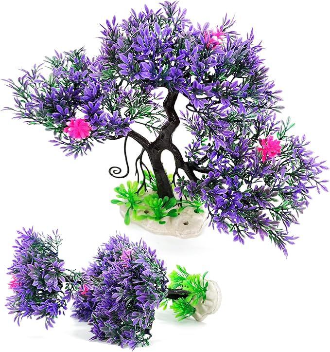 Fish Tank Aquarium Decorations Artificial Plastic Plants Bonsai Tree with Small Aquarium Decorations Kit (Purple 2)