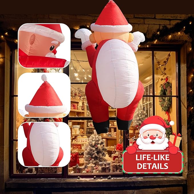 6.6FT Christmas Inflatable Climbing Santa with Build-in LEDs, Hanging Inflatable Christmas Yard Decorations, Climbing Santa Claus with Gift Bag for Window Wall Outdoor Xmas New Year