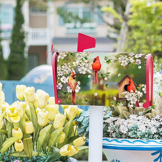 Spring Birds Floral Magnetic Mailbox Cover Colorful Summer Birdhouse White Flowers Mailbox Wrap Post Cover Large Size 25.5x21 Inch for Garden Yard Outdoor Outside Seasonal Decor